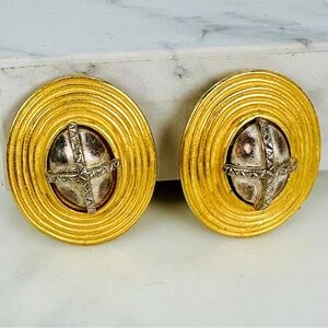 Vintage C. Stein Clip On Earrings Large Matte Gold-Tone Antiqued Silver Oval